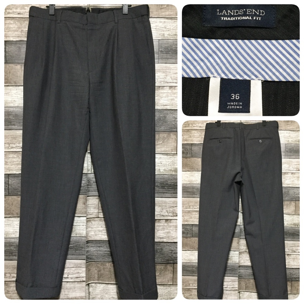 Lands End Traditional Fit Wool Dress Pants Men’s 36x30 Gray Pleated Cuffed